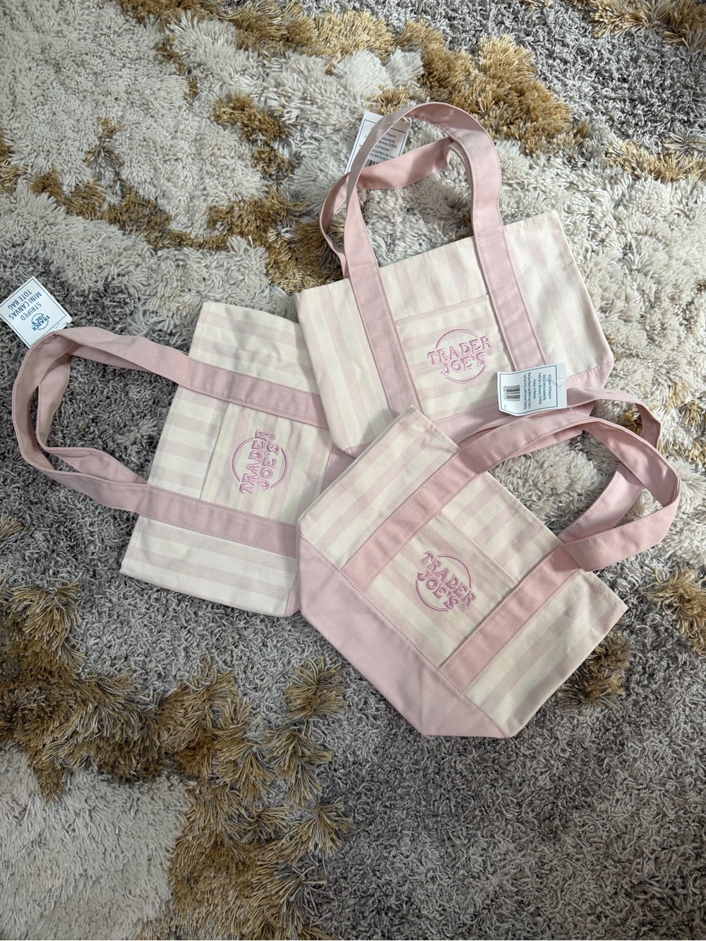 NEW Trader Joe’s striped canvas mini tote 👜 pink 🩷 design color with pockets